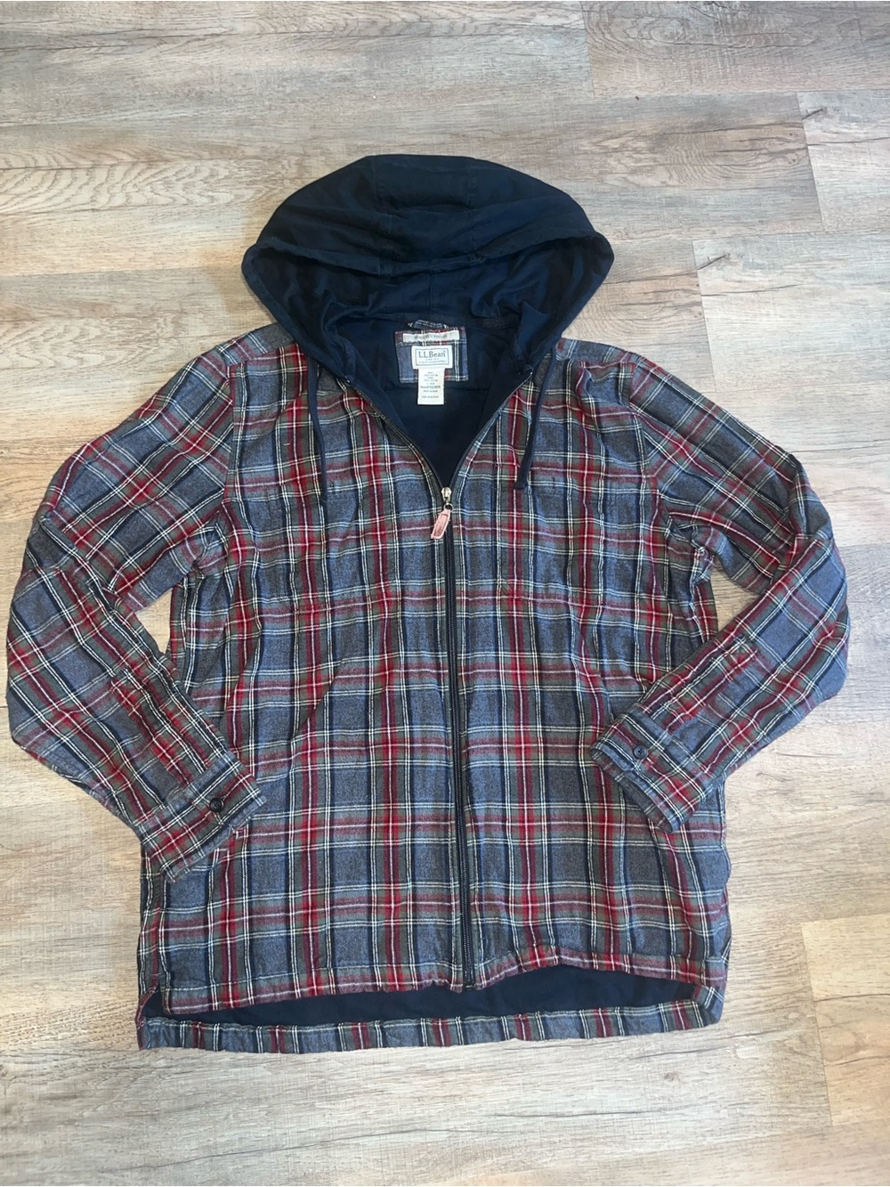 L.L. Bean 100% Cotton Plaid Hooded Jacket Blue & Red Size Large